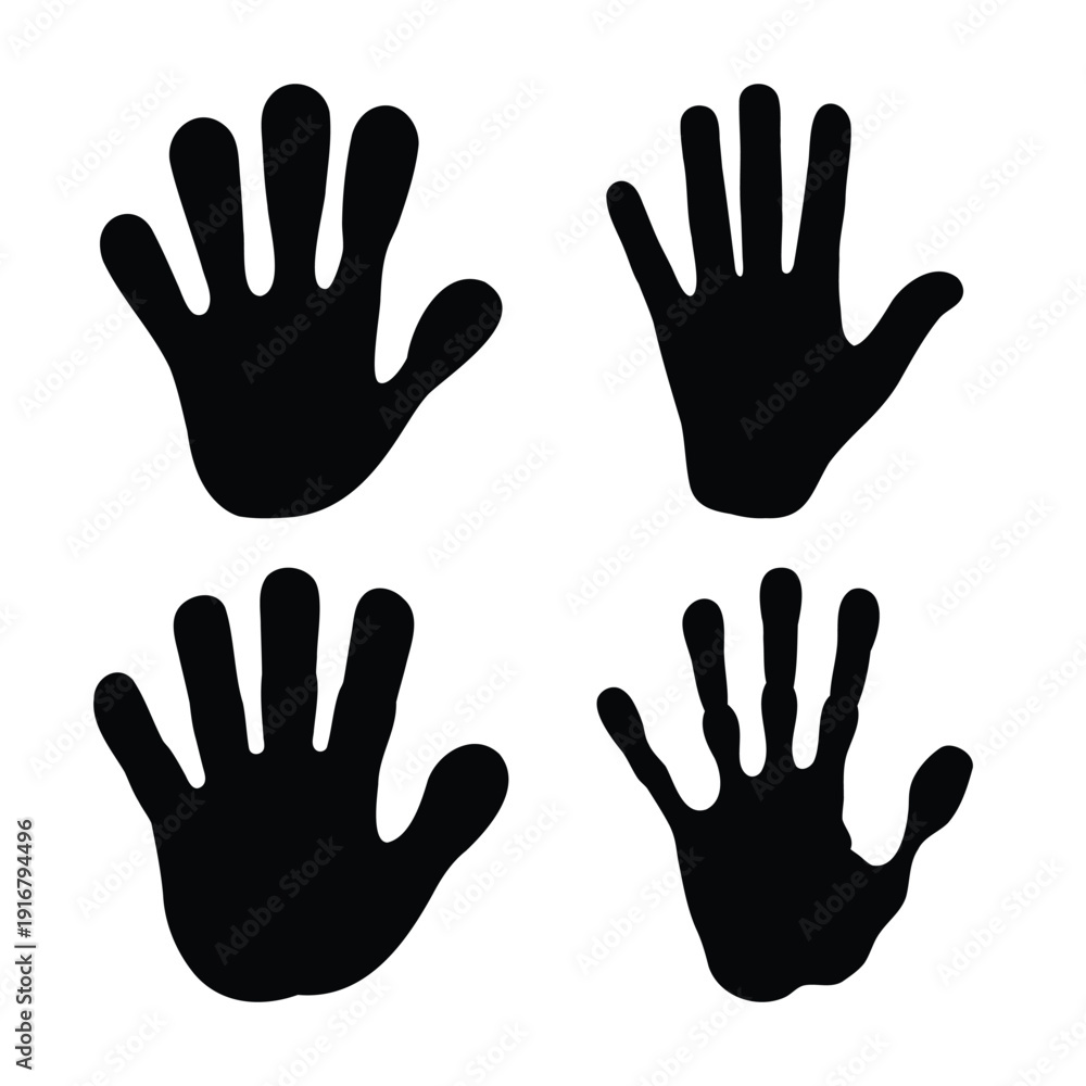Fototapeta premium Four stylized black handprint silhouettes on a white background, symbolizing connection
