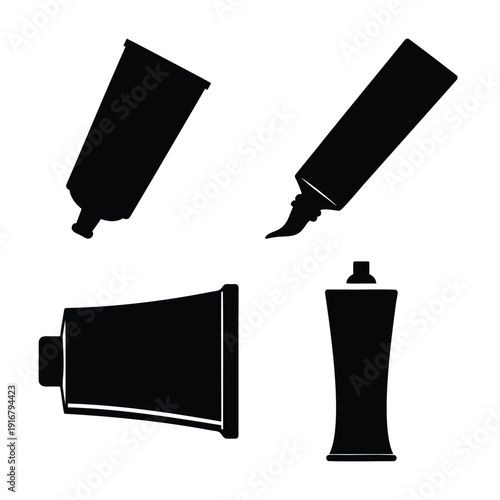 Collection of black silhouettes depicting different types of empty tubes for creams, paints, or toothpaste