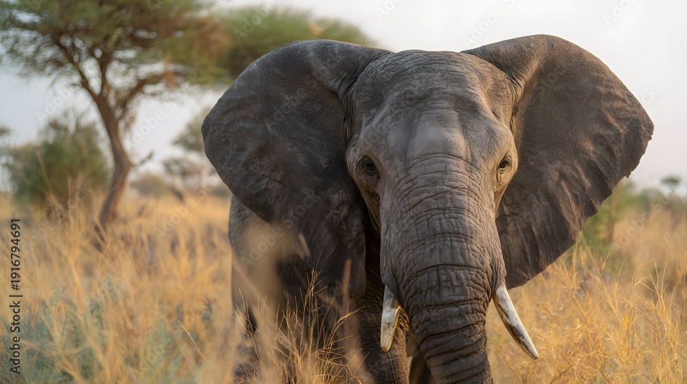Fototapeta premium Majestic African Elephant Portrait Warm Light Savannah Habitat Wildlife Photography Serene Natural Beauty