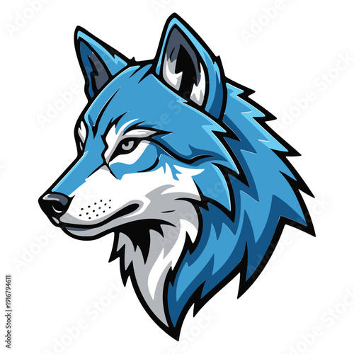 Cool blue wolf head mascot vector illustration. Modern timber wolf or husky logo design isolated on white. Arctic predator graphic icon for esports teams, winter sports, or gaming avatars
