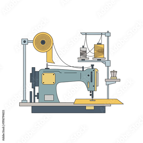 Vintage Sewing Machine with Thread Spools and Fabric Roll - Flat Design