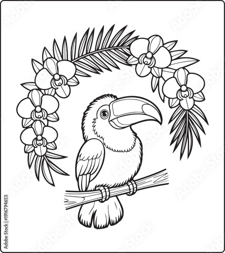 Cute animal with beautiful flowers coloring page for kids and adults, black line art vector illustration for 
activity page or book design