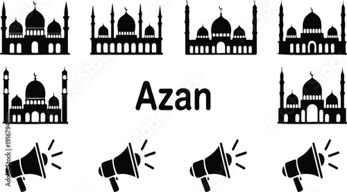 Photos Azan Call to Prayer Outline Icon Set Mosque and Loudspeaker Symbols