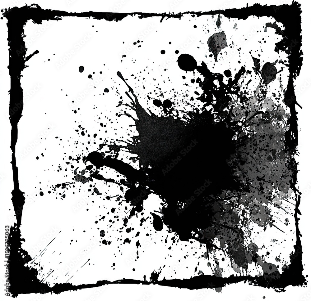 Obraz premium Abstract black ink splatter with grungy border on white background