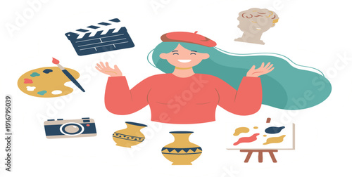 Creative Artist Illustration with Painting, Sculpture, Photography, and Filmmaking Elements Representing Artistic Skills and Hobby Activities Concept