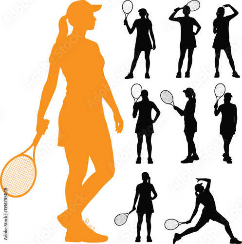 Black and orange silhouette collection of female tennis players with rackets for professional sports tournament competition athletic training and active healthy lifestyle concepts.