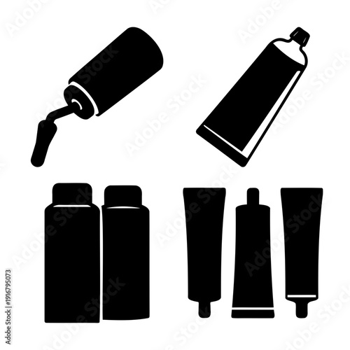 Collection of diverse tube and container silhouettes for cosmetic and paint product packaging
