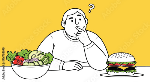 Confused overweight man deciding between healthy salad and hamburger