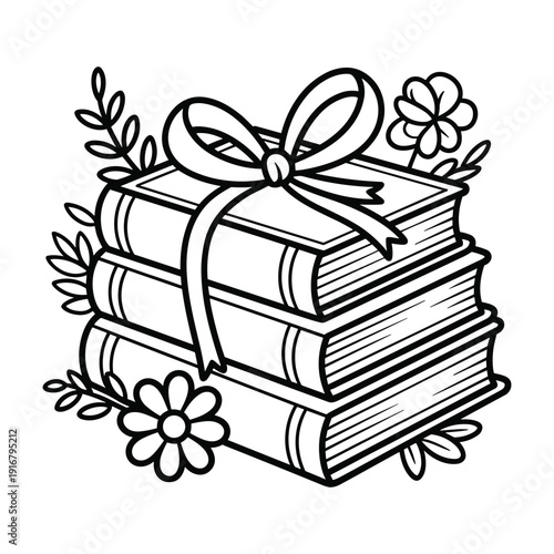 Stack of three books tied with a decorative ribbon and surrounded by floral elements isolated on transparent background
