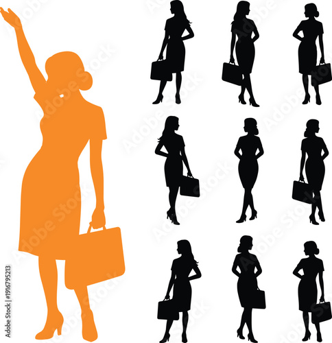 Black and orange silhouette collection of professional business women carrying briefcases for corporate leadership office career growth and successful executive management lifestyle concepts.
