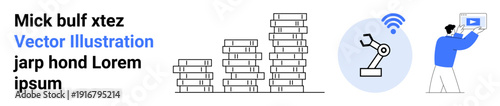 Stacked books, robotic arm with wireless signal, and person presenting data. Ideal for technology, automation, education, productivity, industry innovation, robotics and simple landing page