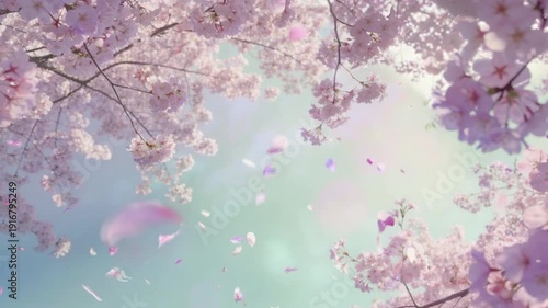 Spring blossom canopy with petals falling in slow spirals, soft pastel light filtering through branches, dreamy atmospheric motion and ultra‑soft gradients.