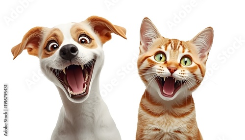 A happy dog and cat laughing together in a playful and joyful moment