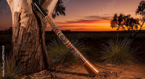 A wooden musical instrument sits isolated on white sand as the sun sets over the desert and the beach