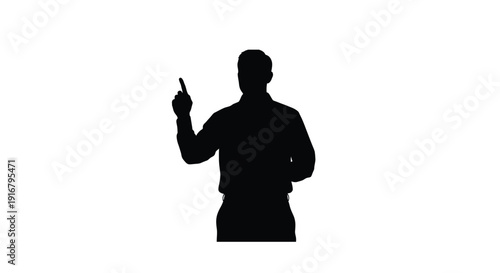 Silhouette of a man pointing upwards with his index finger against a white background
