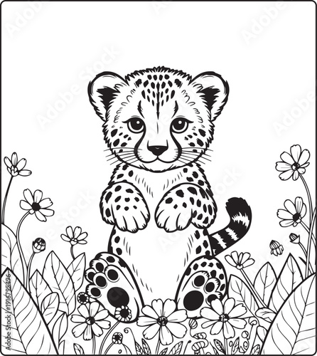 Cute animal with beautiful flowers coloring page for kids and adults, black line art vector illustration for 
activity page or book design