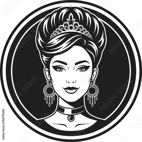 Elegant black and white vector portrait of a woman with tiara, hoop earrings, choker necklace, and ornate hairstyle, perfect for logos, branding, or decorative design projects