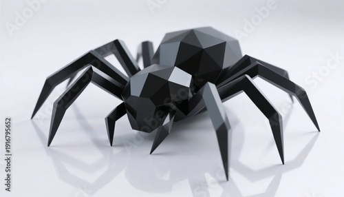 Black polygonal spider sculpture on white background  