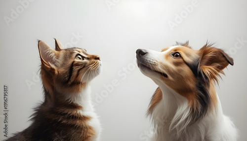 A curious cat and dog looking up at something together in a plain white background