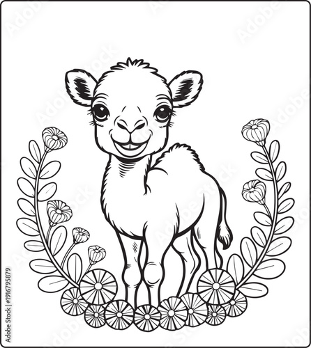 Cute animal with beautiful flowers coloring page for kids and adults, black line art vector illustration for 
activity page or book design