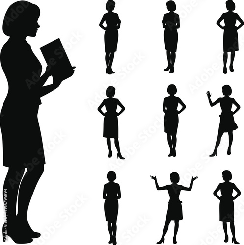 Black silhouette collection of professional business women in various poses for corporate leadership executive management office career and successful global lifestyle concepts.