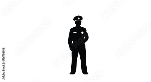 Silhouette of a police officer standing in a formal pose against a white background