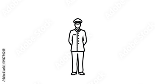 Simple black and white illustration of a uniformed person likely a conductor or officer