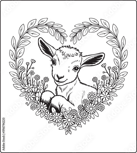 Cute animal with beautiful flowers coloring page for kids and adults, black line art vector illustration for 
activity page or book design