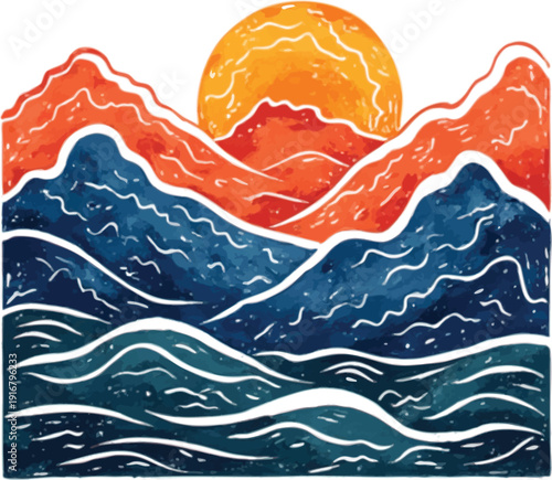 Abstract mountain landscape painted in colorful watercolors in a isolated white background