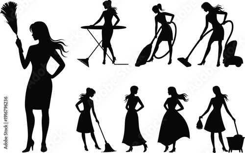 Black silhouette collection of women performing household chores including vacuuming ironing and sweeping for professional cleaning services home maintenance and domestic lifestyle concepts.