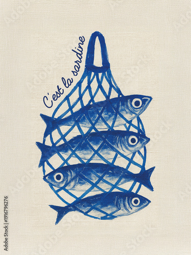 Four sardines in blue net bag with French text on beige canvas background. Graphic nautical illustration with linen texture. Sea food and fish market concept.