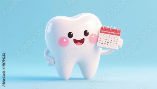 Smiling tooth character holding calendar for International Dentist's Day  