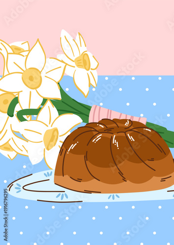 Fluted Easter pudding and white daffodils on a polka-dot table, Czech babovka pastry