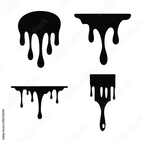 Abstract black paint and ink drips set creating a stylish liquid overflow effect