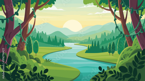 Peaceful natural window, view of a river flowing through dense tropical forest, ideal for landscape illustrations, nature posters, travel promotions, eco designs, and scenic wall art projects