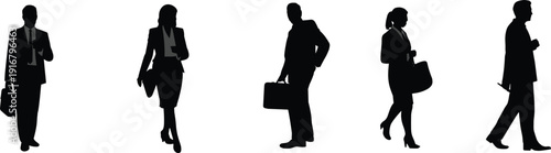 Black silhouette collection of professional business men and women walking with briefcases for corporate leadership office career commute and global trade lifestyle concepts.