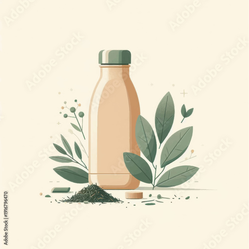 Bottle of Protein Powder with Green Leaves.