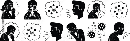 Flu And Cold Symptom Icon Set Featuring People Sneezing Coughing Into Tissues And Viral Infection Pathogens For Healthcare Medical Education And Awareness