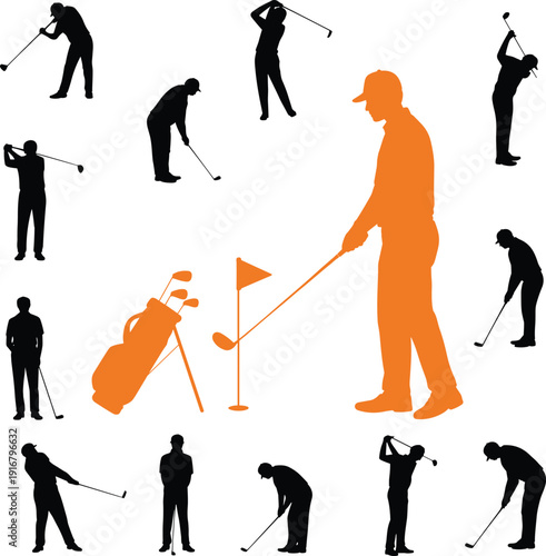 Black and orange silhouette collection of male golfers swinging clubs and putting near flag for professional sports recreation and country club lifestyle concepts.