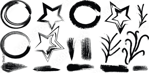 A collection of abstract shapes and letters in black and white
