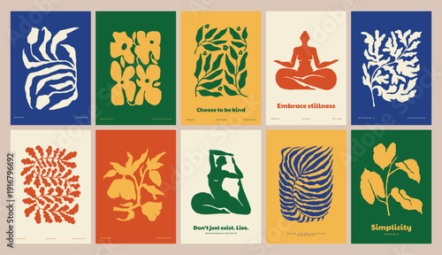 Wellness, yoga poses, nature hand drawn poster collection. Matisse style illustrations. Inspirational quotes.
