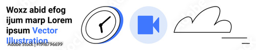 Time management, communication, online services, cloud technology, media tools, modern design. A clock, video icon and cloud are featured. Time management and communication concept