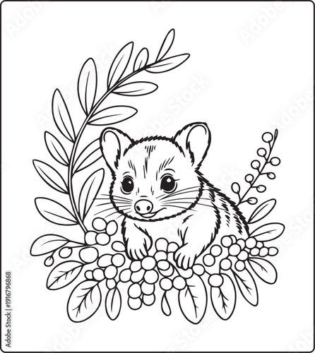 Cute animal with beautiful flowers coloring page for kids and adults, black line art vector illustration for 
activity page or book design