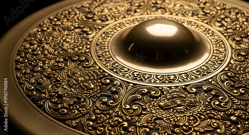 An ancient Thai temple ceiling features a detailed gold pattern and an antique golden ring beside a close up of a gold coin hanging near an ornate chandelier