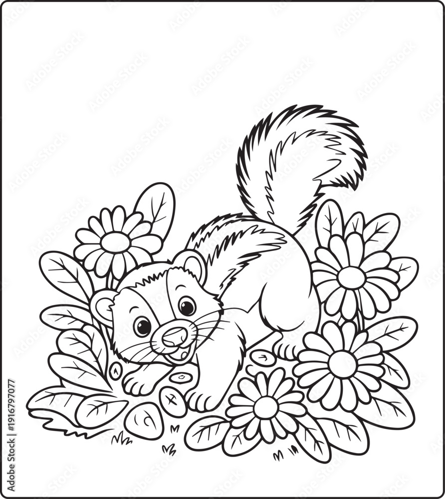 Fototapeta premium Cute animal with beautiful flowers coloring page for kids and adults, black line art vector illustration for activity page or book design