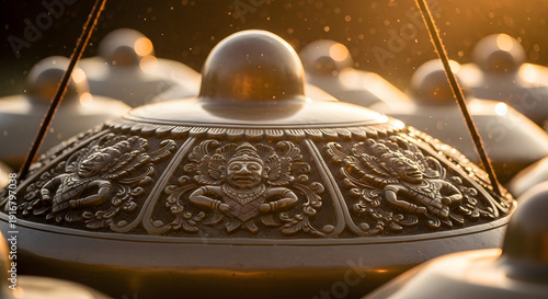 An isolated antique brass bowl and old fashioned copper pot with gold ornaments represent ancient history and metal art through an object of currency and finance