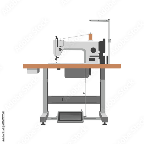 Industrial Sewing Machine on Table with Foot Pedal - Vector Illustration