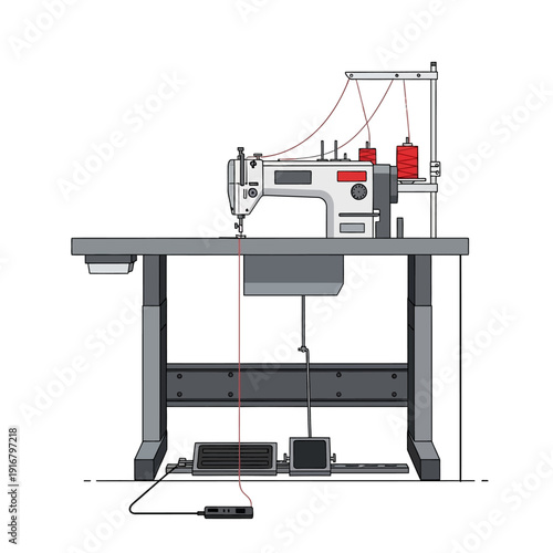 Industrial Sewing Machine on Table with Red Thread Spools, Foot Pedal and Motor