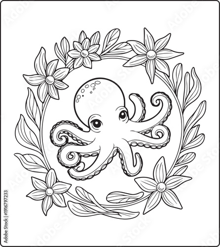 Cute animal with beautiful flowers coloring page for kids and adults, black line art vector illustration for 
activity page or book design
