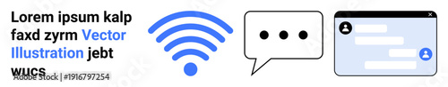 Digital communication, messaging apps, connectivity, online interaction, information sharing, remote services. wireless symbol, speech bubble and chat window graphic. Communication and connectivity